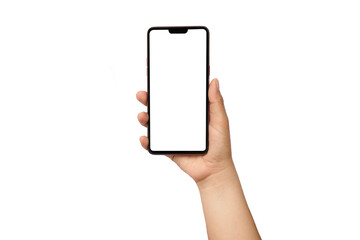 Man hand holding a black smartphone and white screen isolated on white background.clipping path