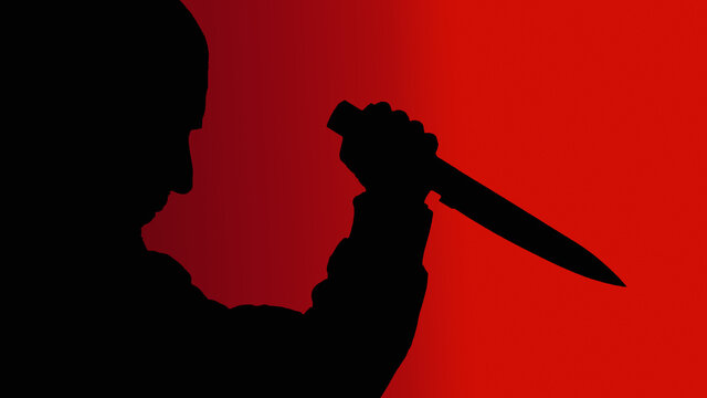 silhouette of a scary man with knife on red background,murderer,assassin,killer,putin,vector illustration