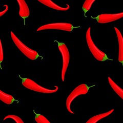 Hot red Chilly peppers on black seamless pattern background, cartoon mexican chilli, paprika icon signs. Spicy food symbol, cayenne peppers. Vector illustration