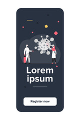 Arabs in protective costumes disinfecting area from virus. Coronavirus, mask, magnifier flat vector illustration. Pandemic and prevention concept for banner, website design or landing web page