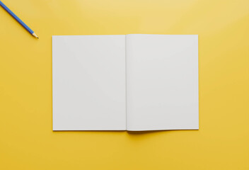 open blank notebook and pencil on yellow background