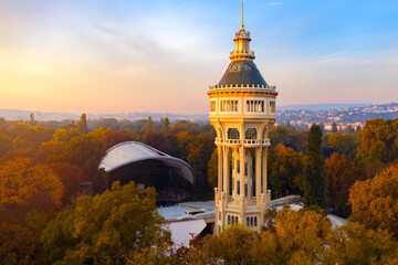 Water tower in Margaret island Budapest Hungary. There is the amazing Opean-air stage too where...