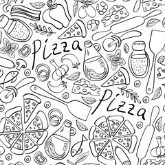 Pizza doodles seamless pattern. Black fastfood icons on white background. Vector illustration.