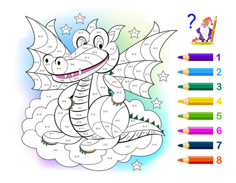 Math education for little children. Coloring book. Mathematical exercises on addition and subtraction. Solve examples and paint the dragon. Developing counting skills. Worksheet for kids.