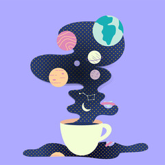 Coffee cup with Galaxy spreading out. The symbol of astronomy. Hand drawn style. Modern Vector flat illustration