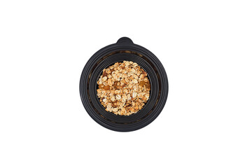 proper healthy diet
top view isolated white background, dry oatmeal in a plate container