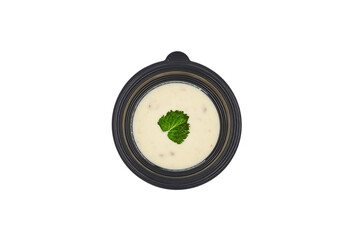 proper healthy diet
top view isolated white background, cheese smoothie soup with lettuce leaf