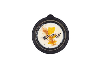 proper healthy diet
top view isolated white: white soup, cinnamon with orange and cumin seeds