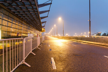 isolation mode in Moscow, Covid pandemic and night view of the empty terminal of the International Airport.
