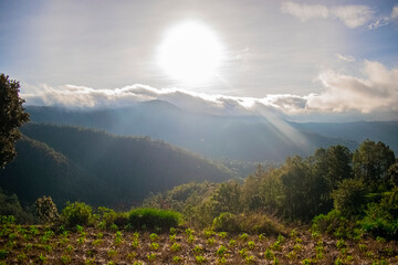 paisaje de amanecer y sol brillando con nubes