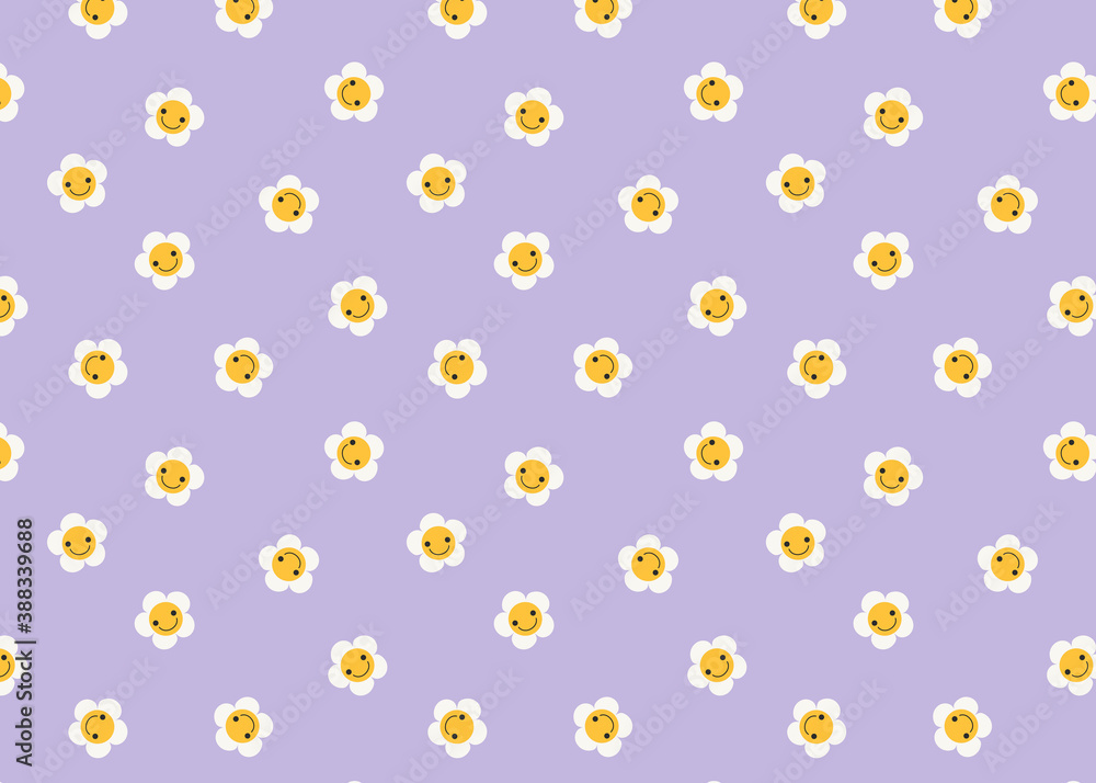 Fototapete happy smiling chamomiles on purple. seamless pattern design for web and print. digital illustrated t