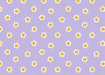 Happy smiling chamomiles on purple. Seamless pattern design for web and print. Digital illustrated texture. Happy floral faces. The chamomile pattern design.