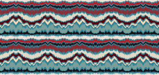 Fototapeta premium Ikat border. Geometric folk ornament. Ink on clothes. Tribal vector texture. Seamless striped pattern in Aztec style. Ethnic embroidery. Indian, Scandinavian, Gypsy, Mexican, African rug.
