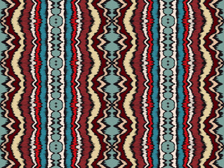 Ikat border. Geometric folk ornament. Ink on clothes. Tribal vector texture. Seamless striped pattern in Aztec style. Ethnic embroidery. Indian, Scandinavian, Gypsy, Mexican, African rug.