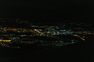 Aerial view of a city at night. City of Moscow made from airplane. selective focus