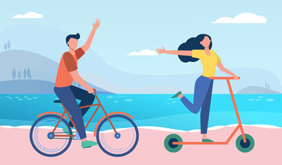 Happy couple riding bike and scooter outdoors. People moving along seaside flat vector illustration. Activity, transportation, eco transport concept for banner, website design or landing web page © PCH.Vector
