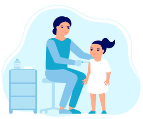 Child girl flu vaccine injections, kid vaccination. Doctor help immune system health. Prevention, treatment, flu shots, virus vaccinations. Health care, prevention and immunization in hospital. Vector