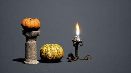 Dark halloween scene with pumpkins and candle light