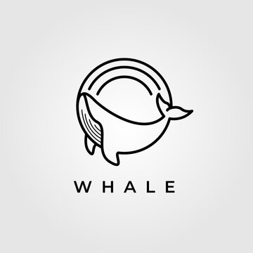 circle whale humpback logo vector illustration design, cute whale fish line art logo design