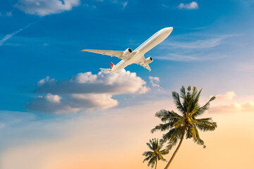 Airplane flying on tropical summer vacation.