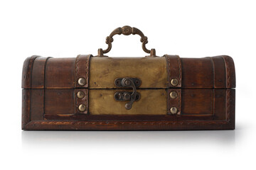 Small wooden retro chest casket isolated on white background.