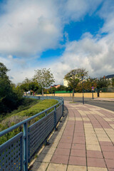 View of tiled sidewalk in the village of Bembibre in the Bierzo region of Spain.