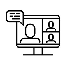 Video conference icon. People on computer screen. Home office symbol. Digital communication. Internet teaching media.