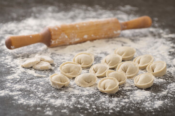 Cooking Russian dishes. Making dumplings. Unleavened dough stuffed with meat or fish.Homemade food.