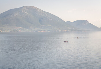 Evia island, Greece - June 28. 2020: Panorama of the Greek island of Evia from the ferry 