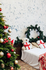 Christmas tree with gifts for new year bedroom holiday winter