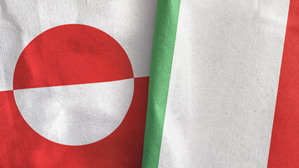 Italy and Greenland two flags textile cloth 3D rendering