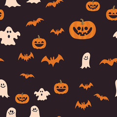 Halloween pumpkins, bats and ghosts seamless pattern. Cute illustrations background.