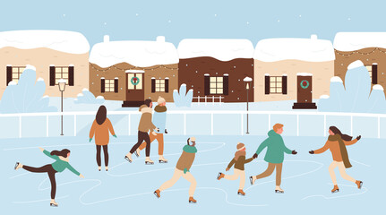 Obraz na płótnie Canvas Happy people skating on ice rink vector illustration. Cartoon skater characters wearing skates, enjoy Christmas and New Years holiday activity and outdoor family winter xmas event concept background