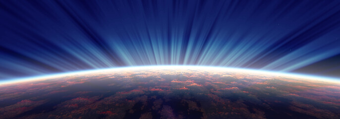 sunrise from space aurora, 3d rendering