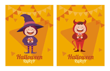 happy halloween party with little devil and witch characters