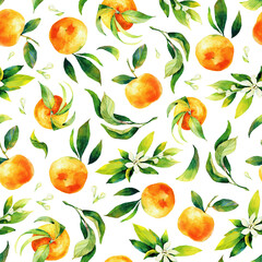 Naklejki  Seamless watercolour citrus fruits and leaves pattern. Green leaves and orange fruits on white background. Seamless mandarin and oranges watercolour illustration