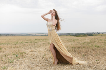 Fototapeta na wymiar woman walking in golden dried grass field. Natural portrait beauty. Beautiful girl in a wheat field