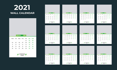  2021 Wall calendar design  Set of 12 Months, Week starts Monday
