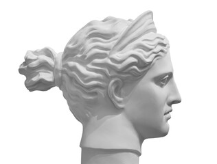 White marble sculpture head of young woman. Statue of sensual renaissance art era naked woman in...