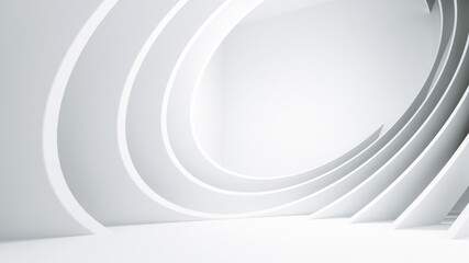 Abstract White Architecture Background. Minimal Geometric Wave Wallpaper. 3D Illustration of White Circular Building. Modern Geometric Wallpaper. Futuristic Technology