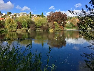 Obraz premium Vue d'un étang en ville par temps ensoleillé, avec reflets des nuages dans l'eau