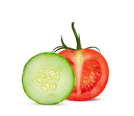 slice of fresh green cucumber and tomato on a white background