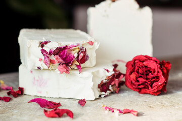 Home made soap ,made from vegetable oils, decorated with rose petals