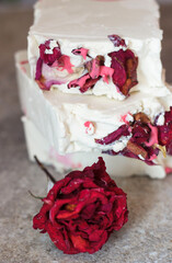 Home made soap ,made from vegetable oils, decorated with rose petals