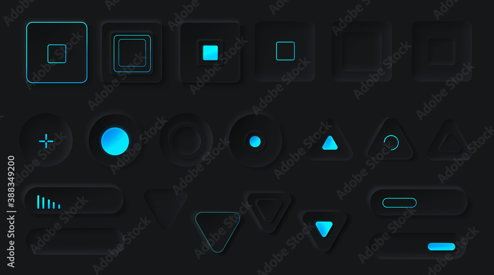 Poster control buttons with neon backlight. media player interface, music or video bar, ui navigation switc