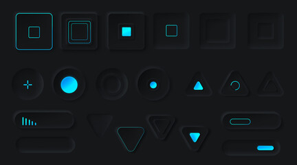 Control buttons with neon backlight. Media player interface, music or video bar, Ui navigation switchers of round, square and triangle shapes, volume, equalizers or sliders, Realistic 3d vector set