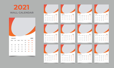  2021 Wall calendar design  Set of 12 Months, Week starts Monday
