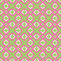 Vector seamless pattern texture background with geometric shapes, colored in gren, pink, white colors.