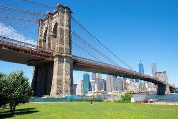View of Brooklyn bridge and Manhattan from Empire Fulton Ferry Park
