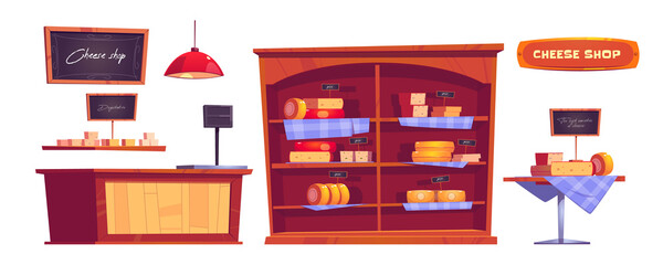 Cheese shop products and interior stuff, store with varieties of dairy or milky production on shelves with price tags, tasting desk, cashier, chalk signboard, Cartoon illustration, isolated icons set